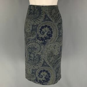 RALPH LAUREN Size 4 Blue Grey Wool Paisley Pencil Below Knee Skirt